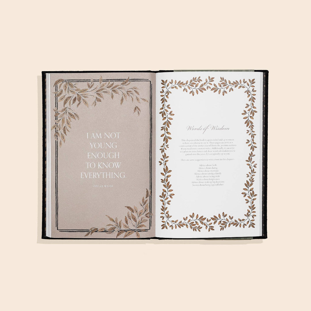 Open book with decorative pages and a quote on a beige background