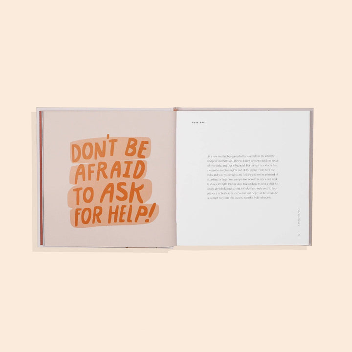 Open book with motivational text 'DON'T BE AFRAID TO ASK FOR HELP!' on a beige background