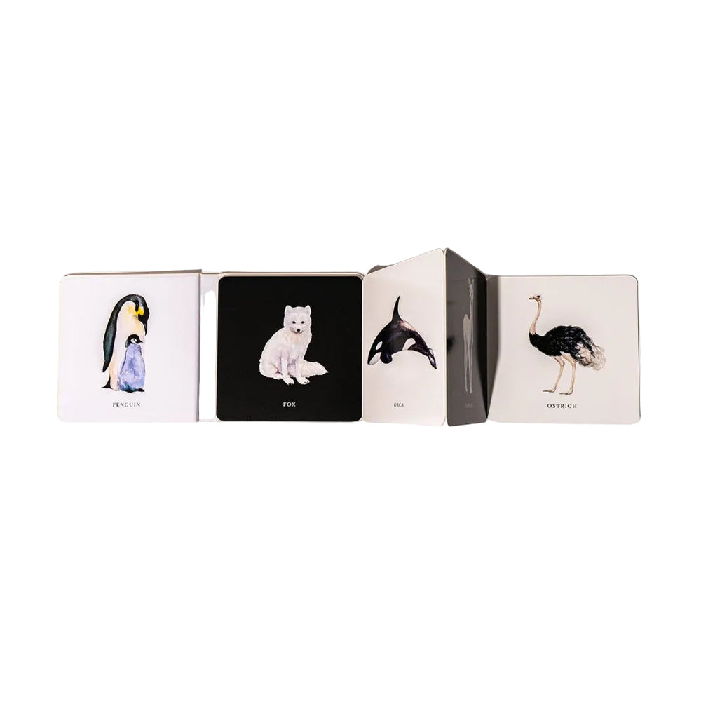 Card with animal illustrations and text on a white background