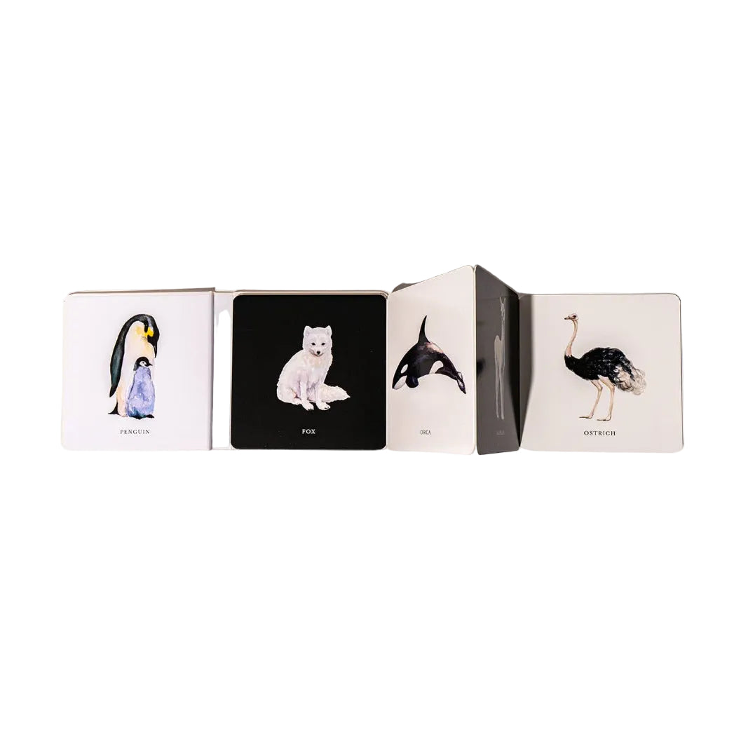 Card with animal illustrations and text on a white background