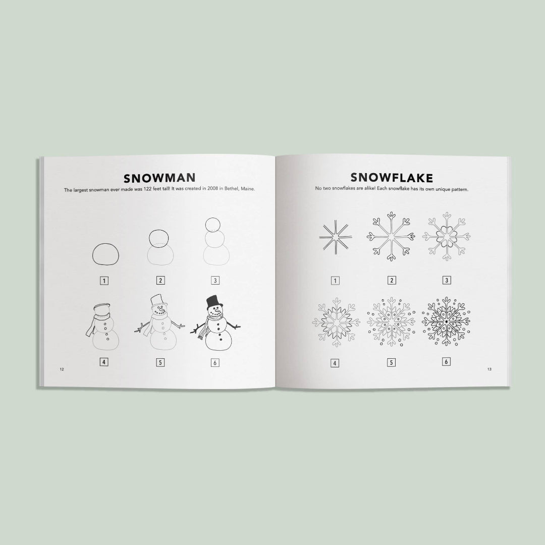 Open book showing illustrations of a snowman and snowflakes on a light green background