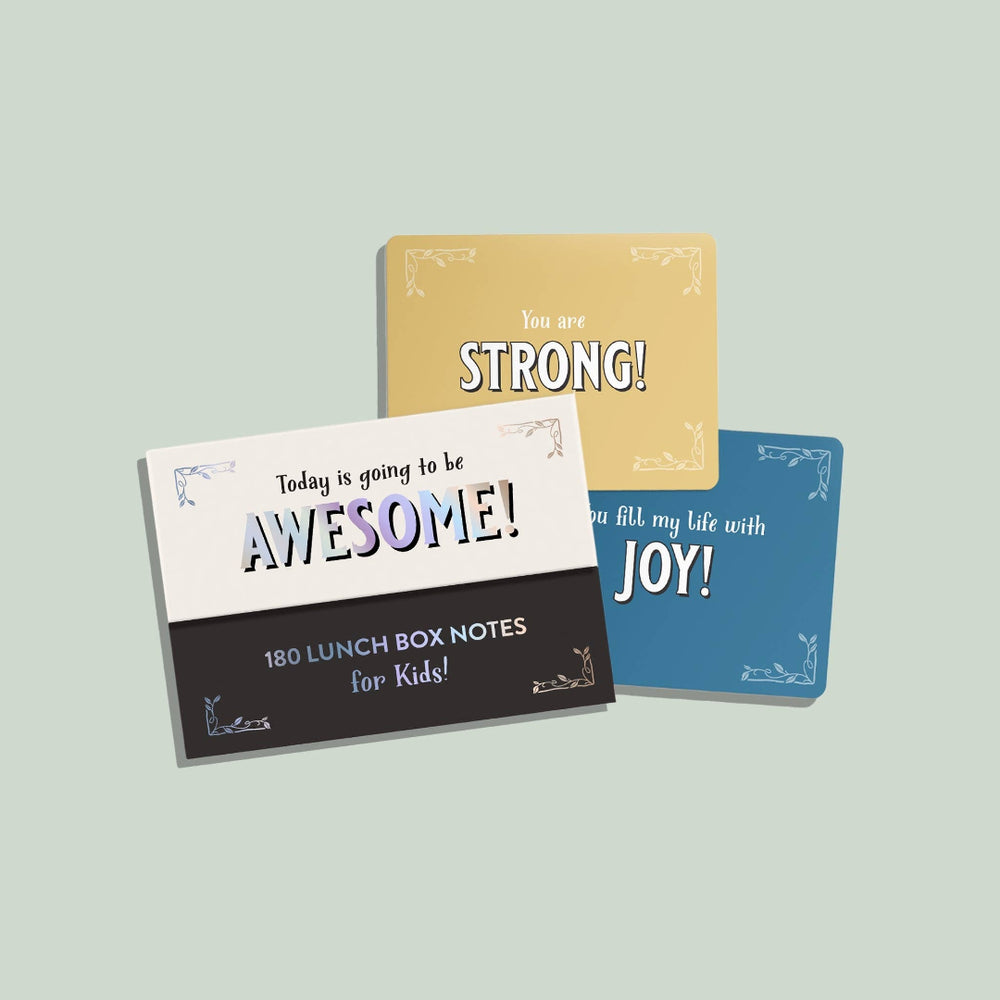 Three lunch box notes with motivational messages on a light gray background