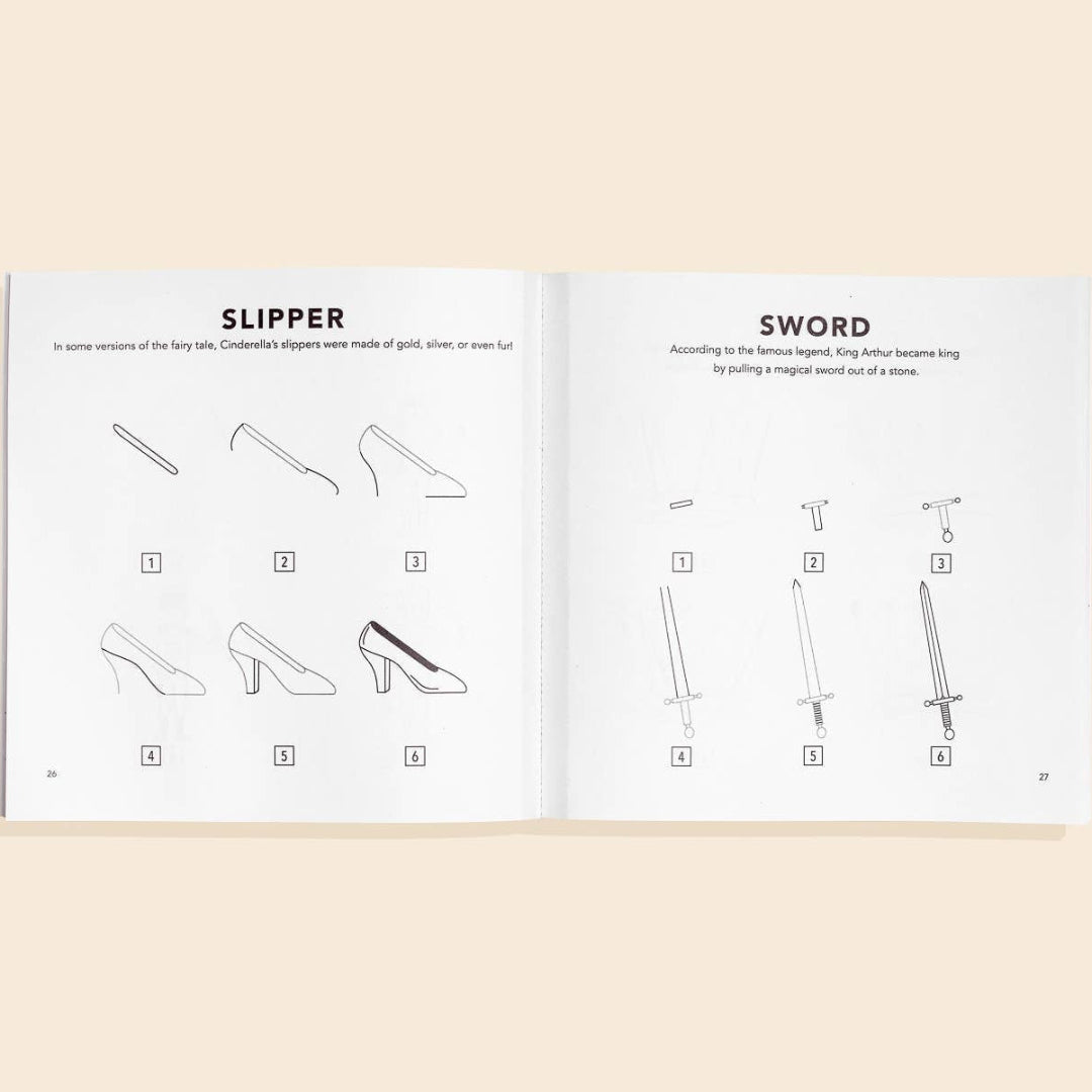 Open book showing illustrations of a slipper and a sword on a beige background