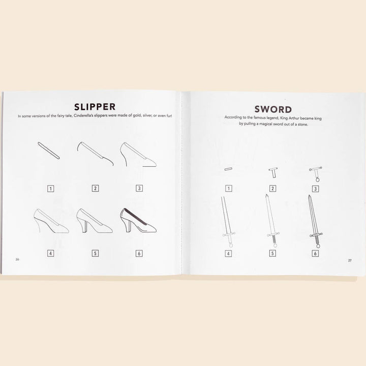 Open book showing illustrations of a slipper and a sword on a beige background