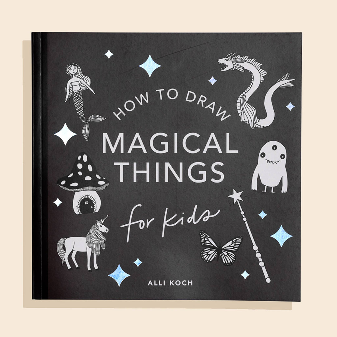 Book titled 'How to Draw Magical Things for Kids' by Alli Koch with illustrations on a beige background
