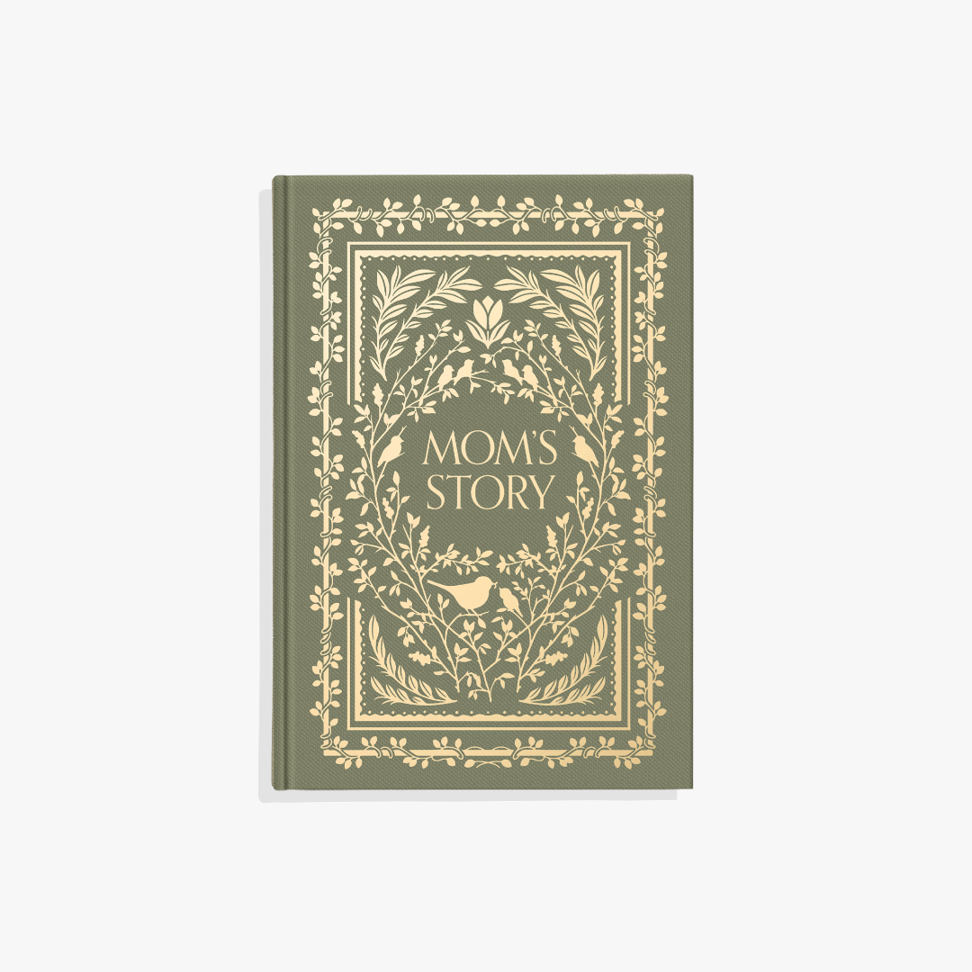 Book titled 'Mom's Story' with decorative cover on a white background