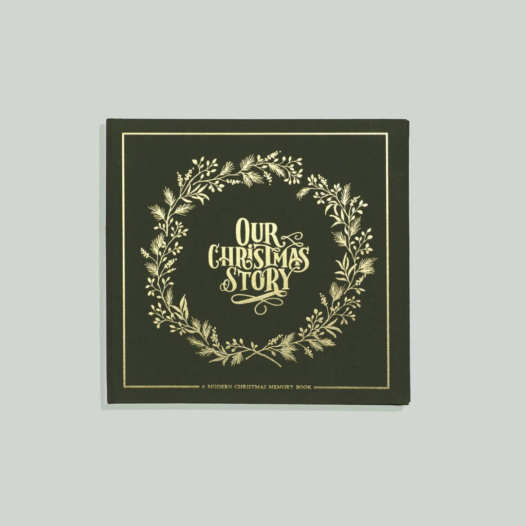 Album cover with 'Our Christmas Story' text and decorative elements on a gray background