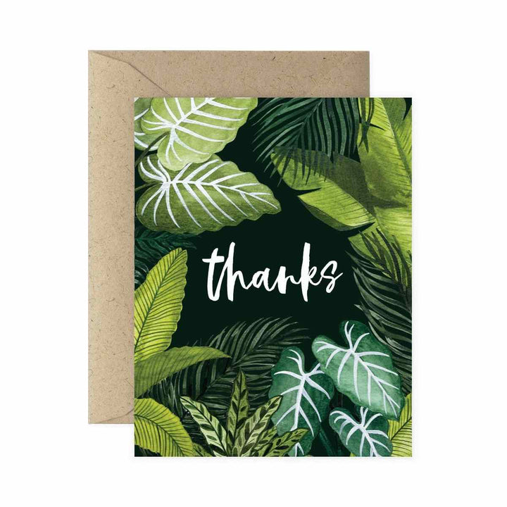 Thanks Foliage Greeting Card | A dark colored card with a watercolor plant design and text in white that reads "thanks". Comes with a kraft brown colored envelope.