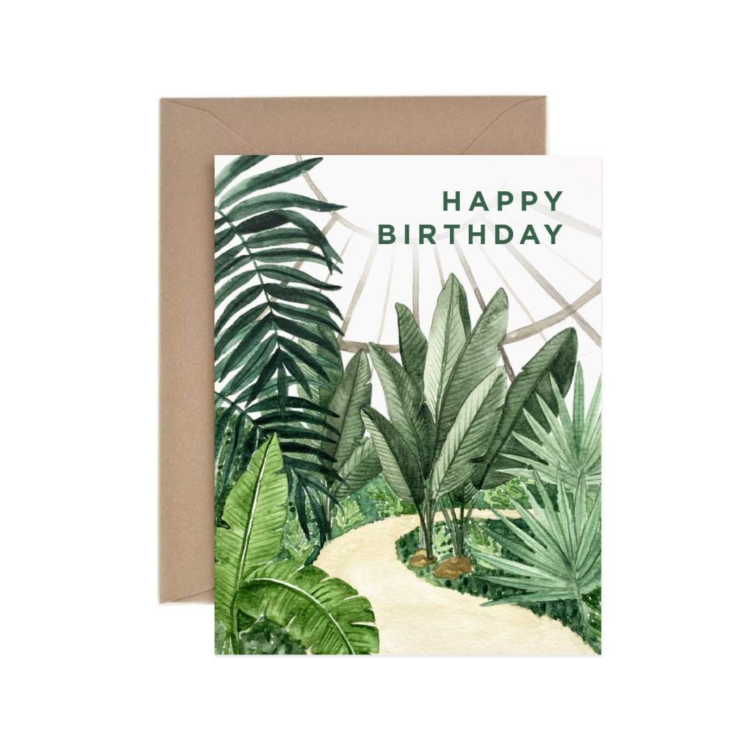 Paper Anchor | Conservatory Happy Birthday Greeting Card | A watercolor plant illustrated happy birthday card with a craft brown envelope.