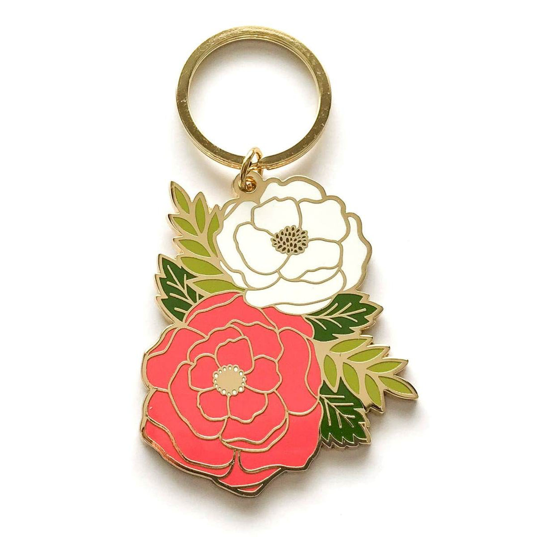 Paper Anchor Co. | Irene Floral Keychain | A pink and white flower with greenery enamel keychain with gold accents.