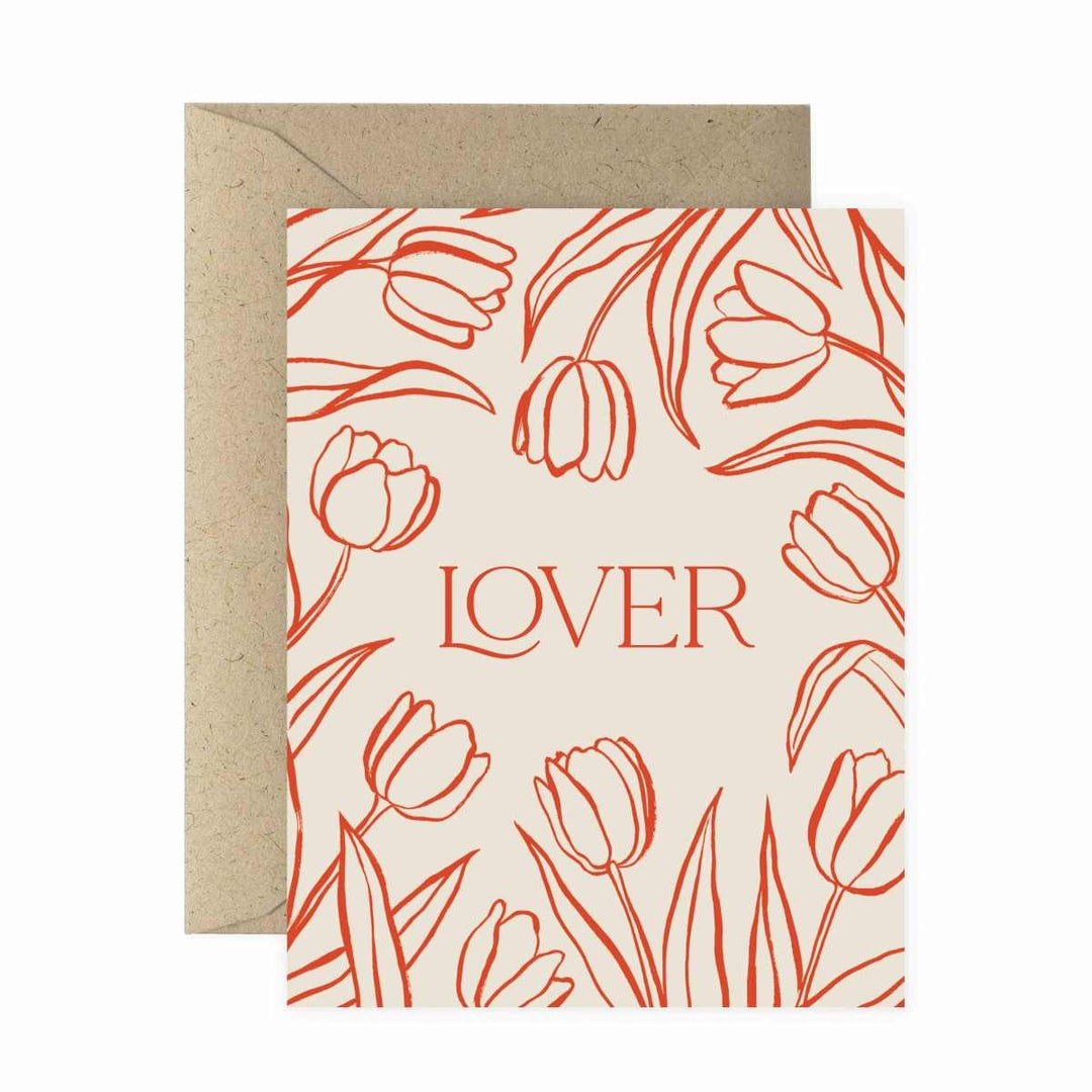 Paper Anchor Co. | Lover Greeting Card | A pink card with red illustrated tulips and text that reads "Lover". Comes with a kraft brown envelope.