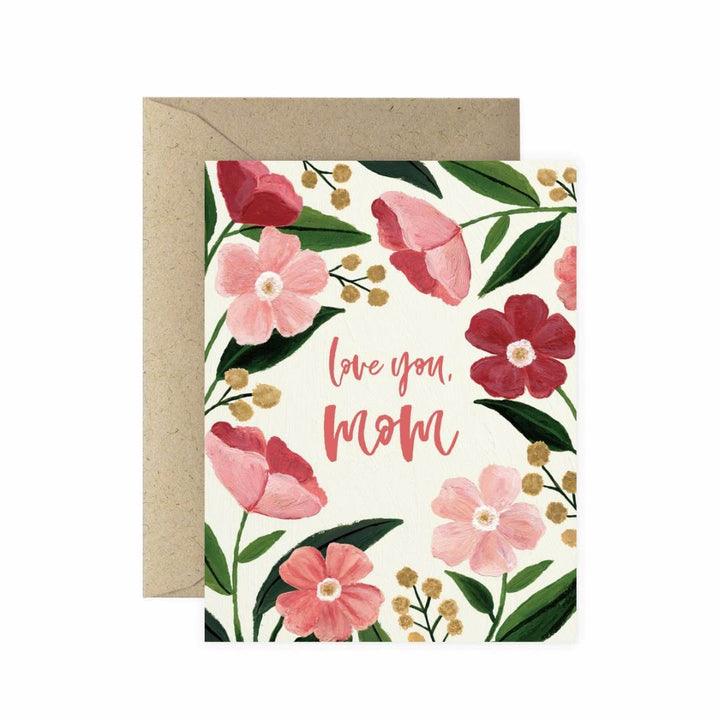 Paper Anchor Co. | Love You Mom Poppy Greeting Card | A cream card with painted pink poppies and a kraft brown card.