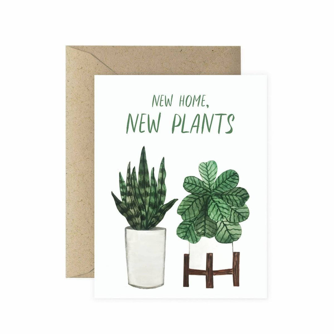 Paper Anchor Co | New Home New Plants Greeting Card | A white card with watercolor plants and text that reads "New home, new plants". Comes with a craft envelope.