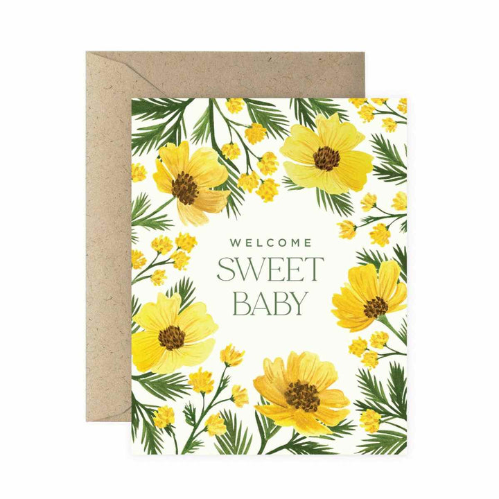 Paper Anchor | Welcome Sweet Baby Wildflower Greeting Card | A white, yellow, and green wild flower floral card with text that reads "Welcome sweet baby".