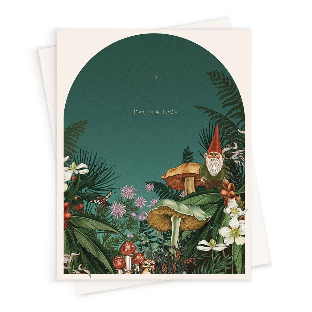 Greeting card with a gnome and nature design, featuring the text 'Peace & Love'.