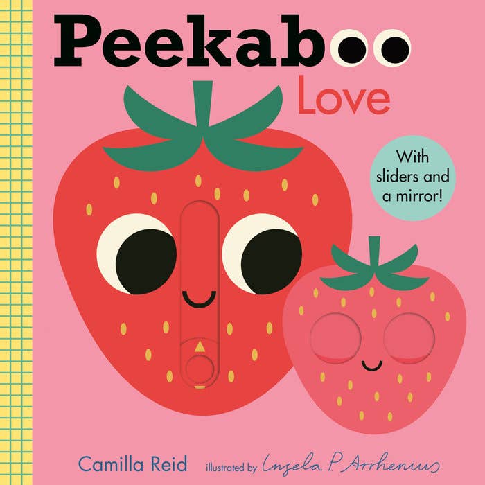 Book cover of 'Peekaboo Love' with two strawberry characters on a pink background