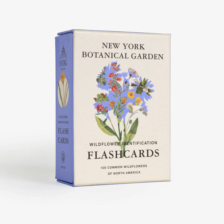 Penguin Random House | New York Botanical Garden Wildflower Identification Flashcards: 100 Common Wildflowers of North America. | A cream and purple box with floral designs.