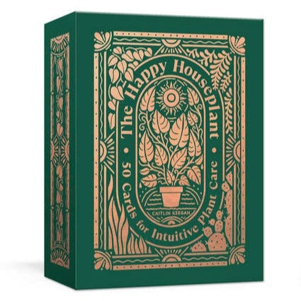 Penguin Random House | The Happy Houseplant | 50 cards for intuitive plant care. Green box with gold patterning.