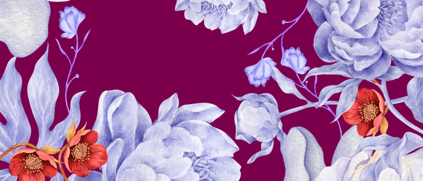 Floral pattern with white and red flowers on a purple background