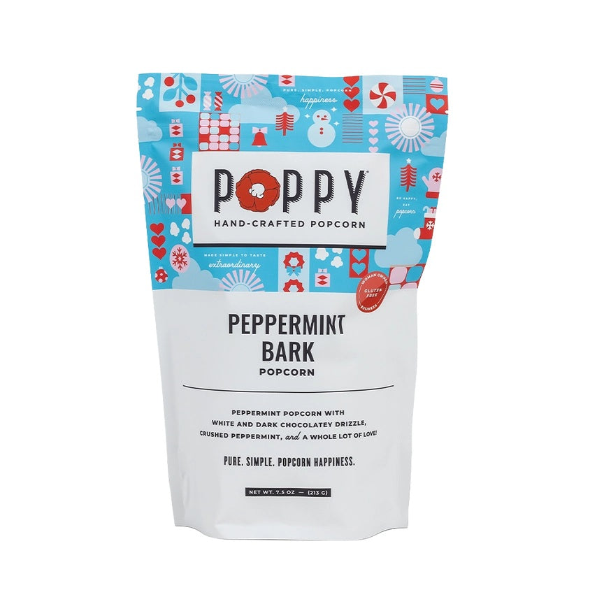 Poppy Hand-Crafted Popcorn peppermint bark popcorn package on a white background