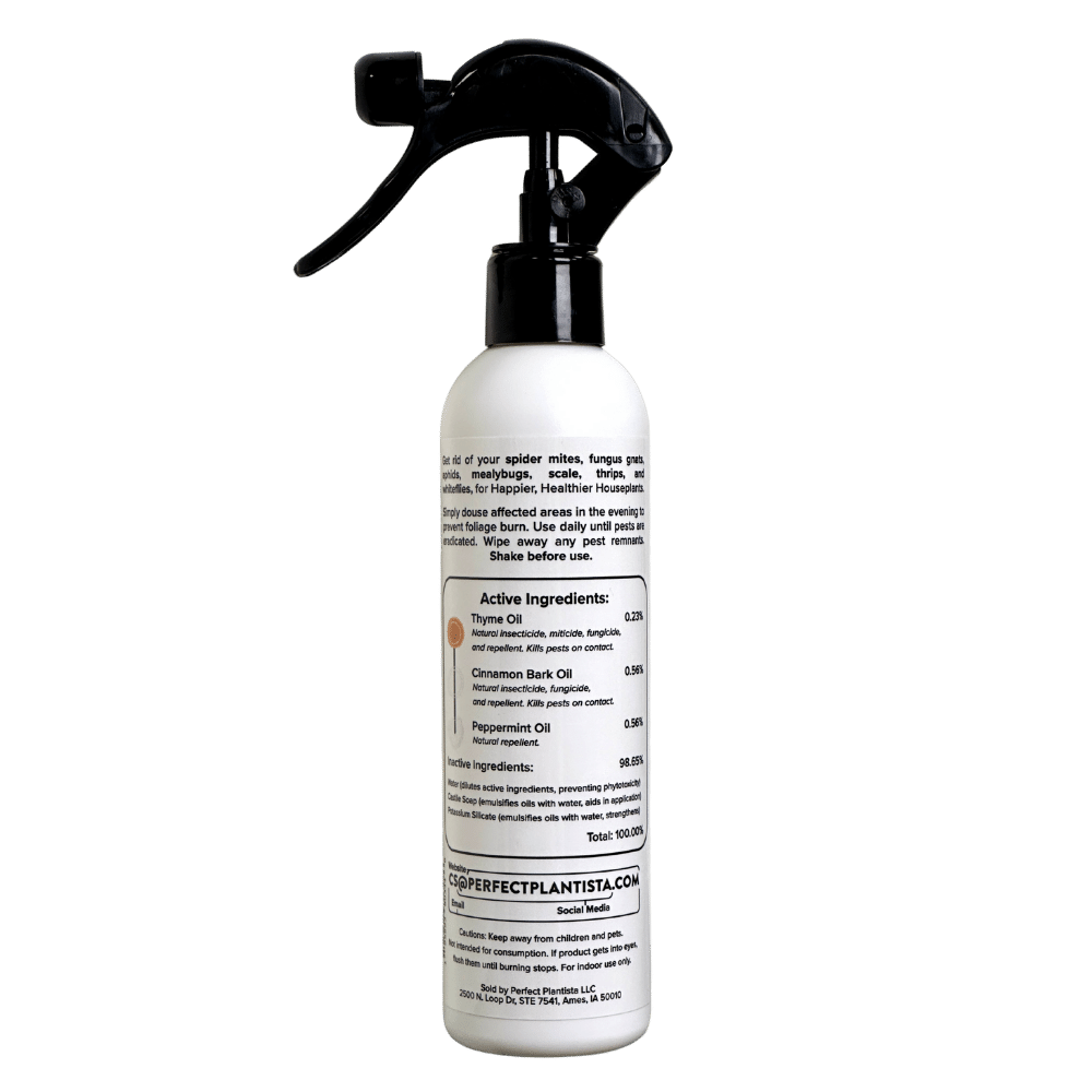 Perfect Plantista | Natural + Non-Toxic Houseplant Pest Spray | Reverse side of the bottle.