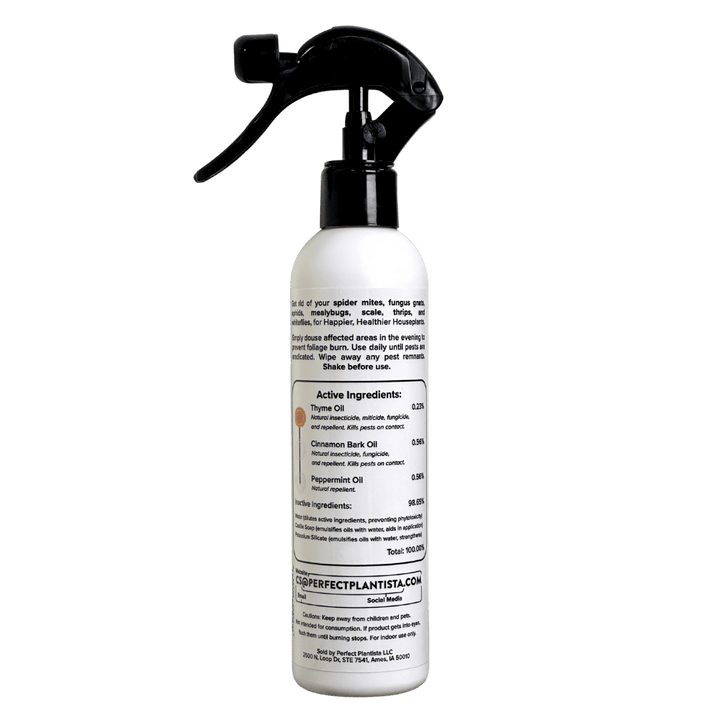 Perfect Plantista | Natural + Non-Toxic Houseplant Pest Spray | Reverse side of the bottle.