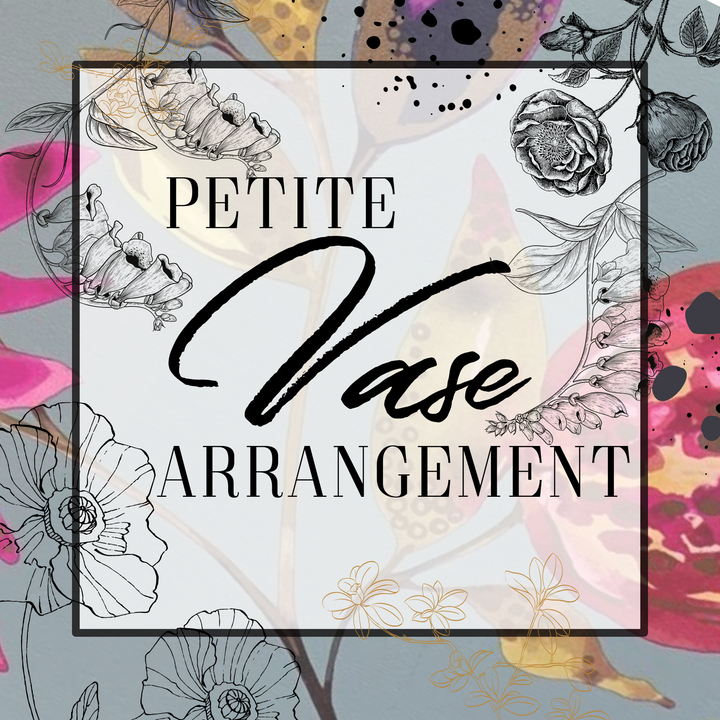 Decorative design with floral elements and 'Petite Vase Arrangement' text.
