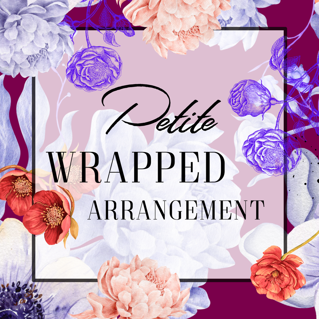 Floral arrangement with colorful flowers and text 'Petite Wrapped Arrangement' on a pink background