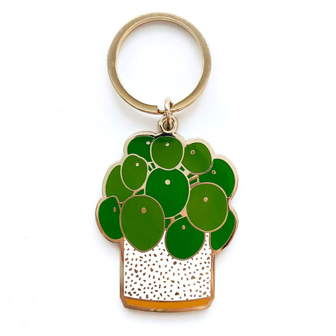 Pilea Plant Keychain | Enamel Plant Pin with a green pilea in a potted plant.