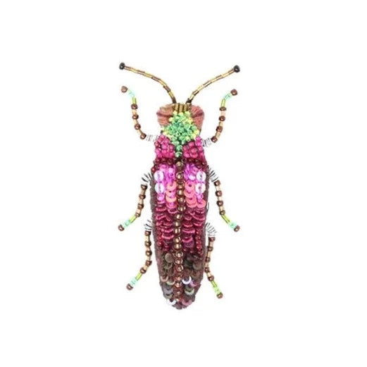 Pink Jewel Beetle Brooch | Trovelore | A pink and green embroidered and hand beaded brooch.