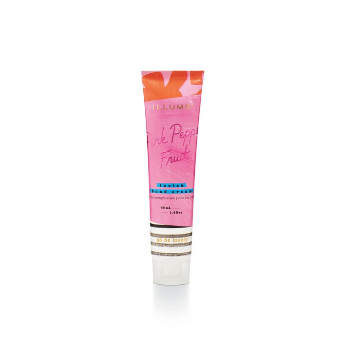 Go Be Lovely Hand Cream | Pink Pepper Fruit, lavish hand cream, 40ml, 1.4fl oz. A pink package with orange, white, and black accents.