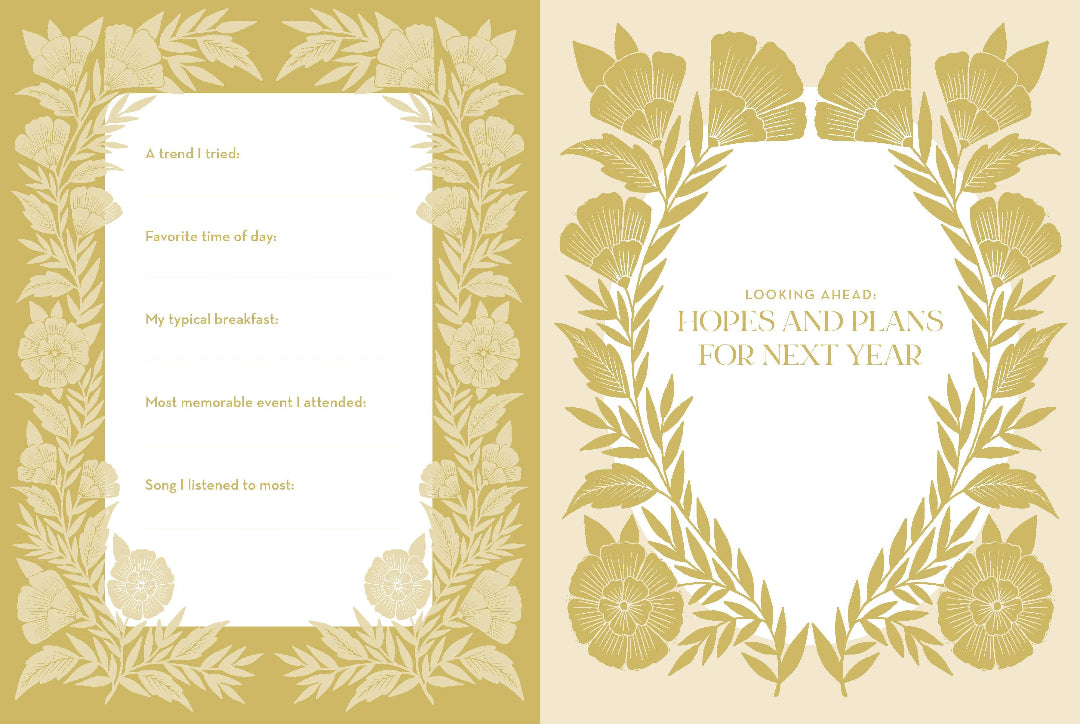 Two gold floral frames on a beige background with text prompts.