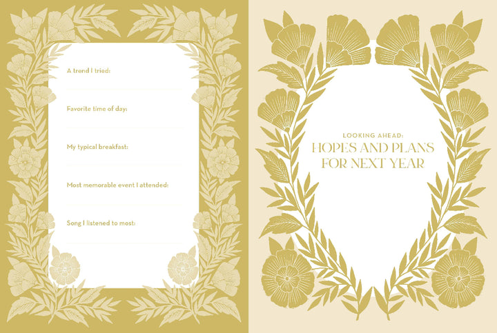 Two gold floral frames on a beige background with text prompts.