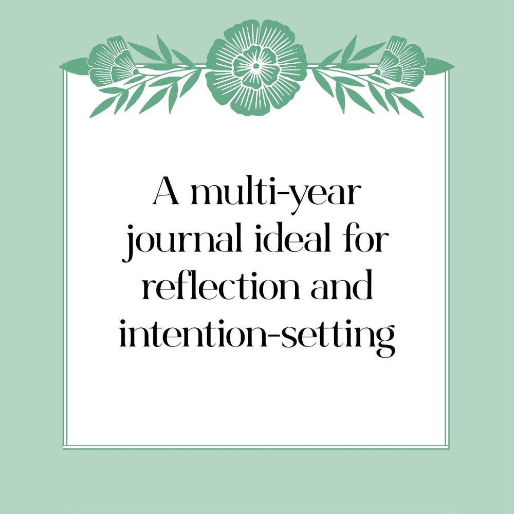 Text on a green background with floral design, promoting a multi-year journal for reflection and intention-setting.