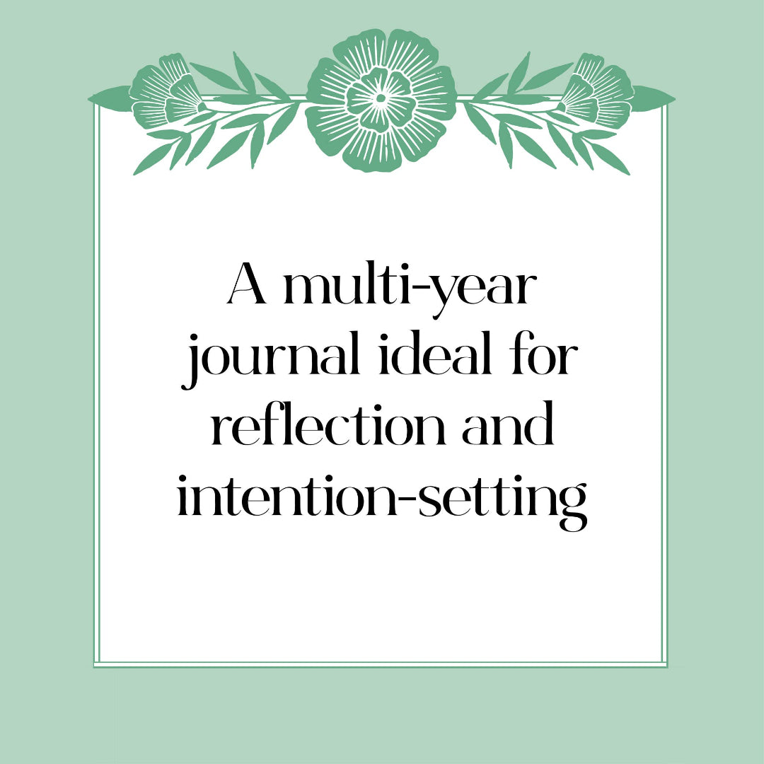 Text on a green background with floral design, promoting a multi-year journal for reflection and intention-setting.