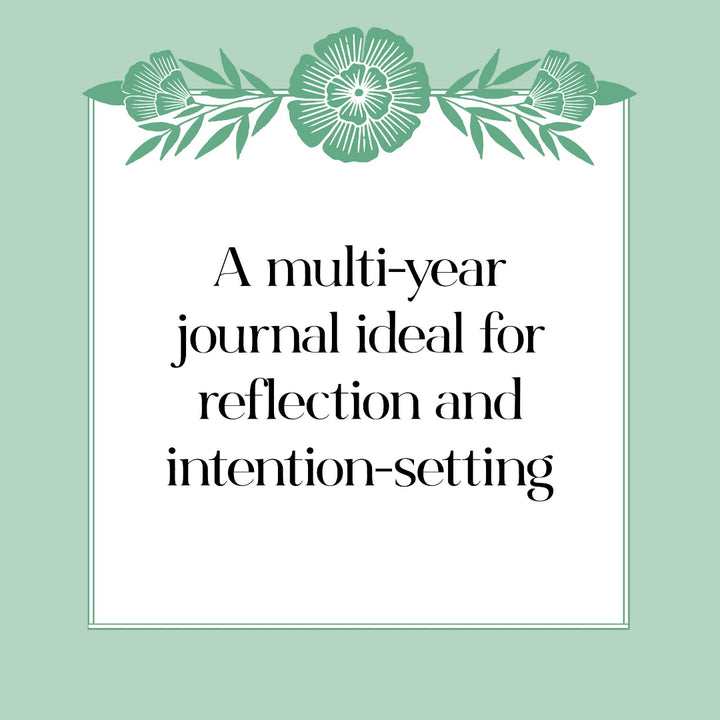 Text on a green background with floral design, promoting a multi-year journal for reflection and intention-setting.