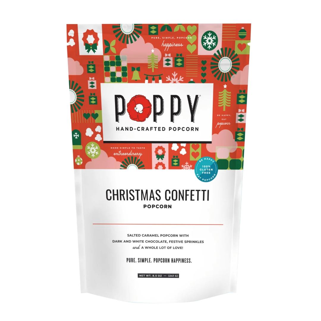 Poppy Handcrafted Popcorn Christmas Confetti popcorn bag with festive design. Salted caramel popcorn with dark and white chocolate, festive sprinkles and a whole lot of love!