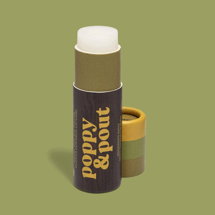 Poppy & Pout | Lip Balm, Retro Surf, Midnight Mint | A green paper container.