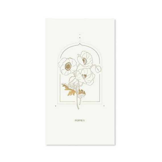 A simple white exterior with gold foil embossed poppies.