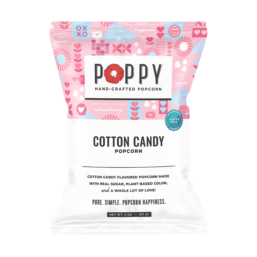 Poppy hand-crafted popcorn bag with cotton candy flavor on a white background