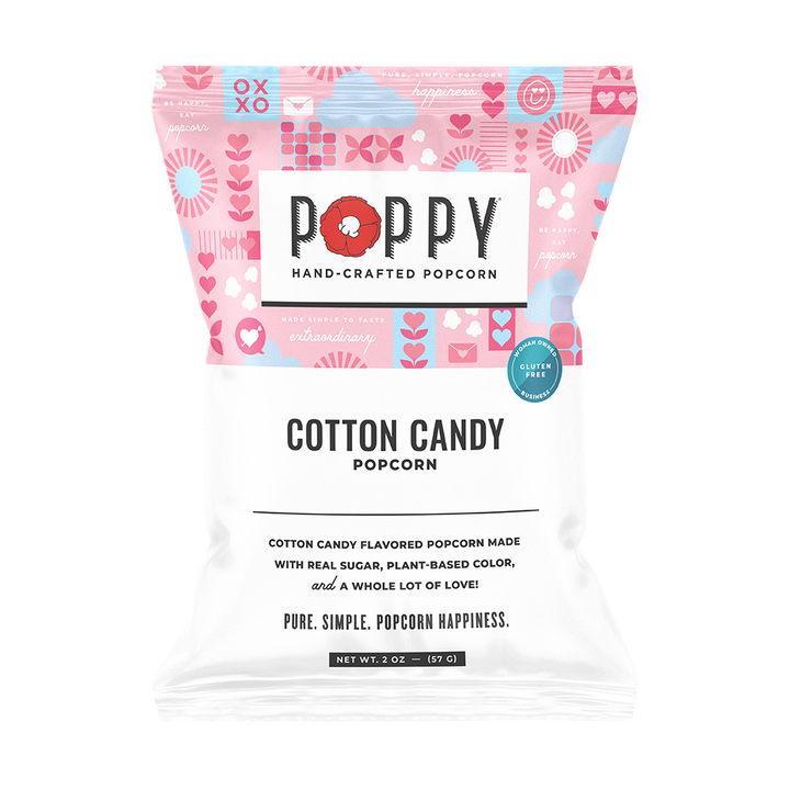 Poppy hand-crafted popcorn bag with cotton candy flavor on a white background