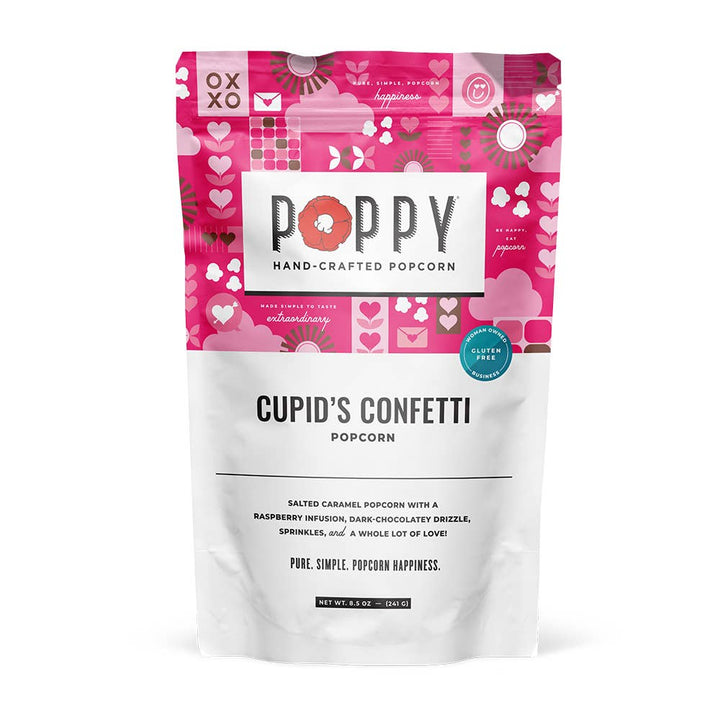Poppy hand-crafted popcorn bag with pink and white design on a white background
