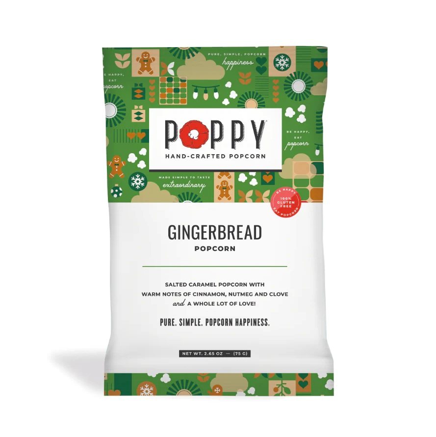 Poppy Hand-Crafted Popcorn | Gingerbread popcorn. Salted caramel popcorn with warm notes of cinnamon, nutmeg, and clove, and a whole lot of love