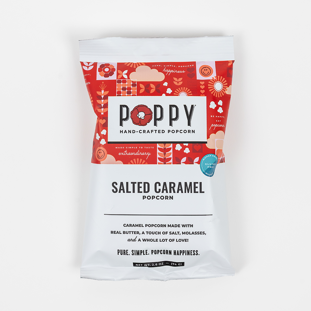Poppy salted caramel popcorn packaging on a white background