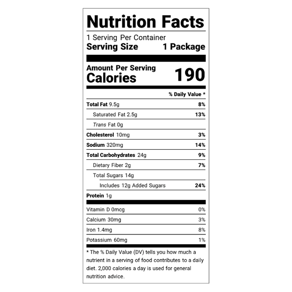 Nutrition facts label with detailed calorie count and nutritional information on a white background