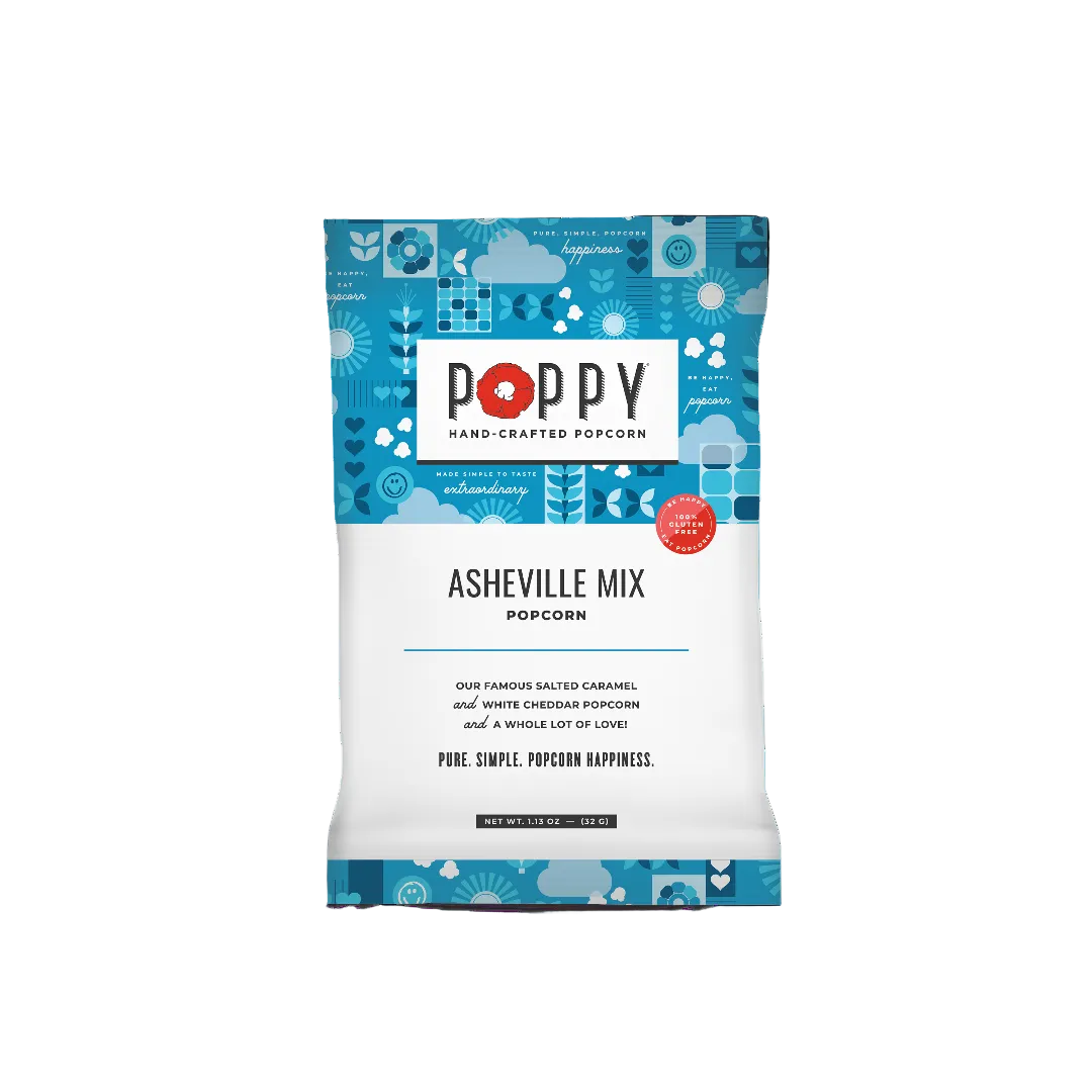 Poppy Hand-Crafted Popcorn Asheville Mix packaging on a white background