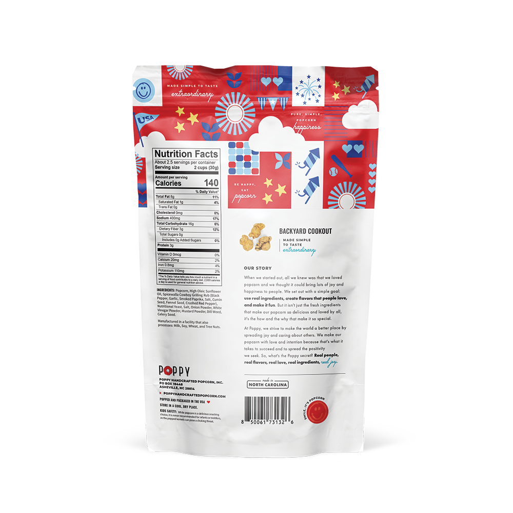 Back of a snack package with colorful design elements on a white background