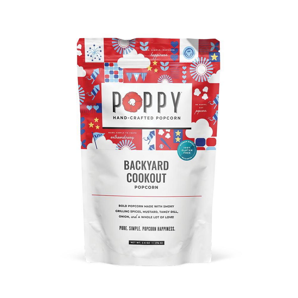 Poppy handcrafted popcorn bag with red and white pattern on a white background
