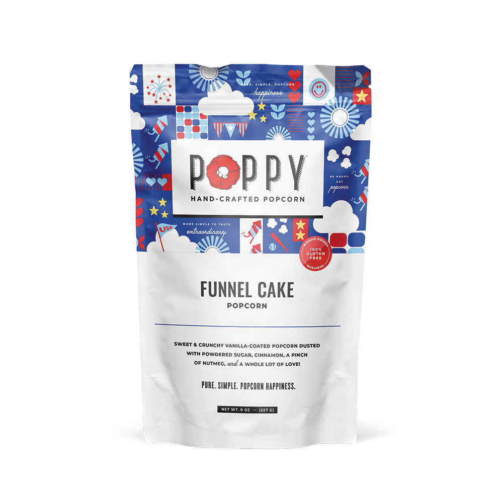 Poppy Funnel Cake popcorn bag with colorful design on a white background