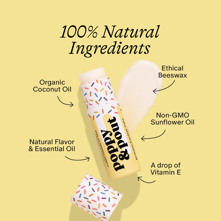 Poppy &amp; Poppy lip balm with labeled natural ingredients on a yellow background